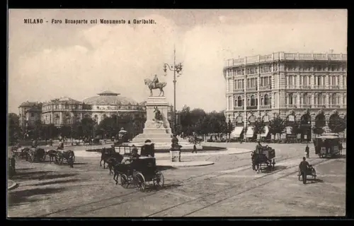 AK Milano, Foro Bonaparte col Monumento a Garibaldi