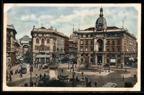 AK Milano /Piazza Cordusio, Vista della piazza con statue, tram e grande edificio storico