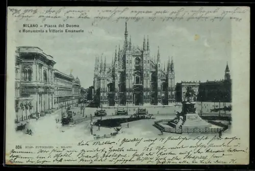 Mondschein-AK Milano, Piazza del Duomo e Monumento a Vittorio Emanuele