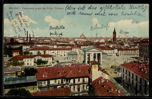 AK Milano, Panorama preso da Porta Ticinese mit Blick auf die Stadt und den Dom im Hintergrund