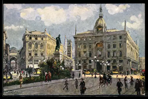 Künstler-AK Milano, Piazza Cordusio, Vista animata con statue e edifici storici