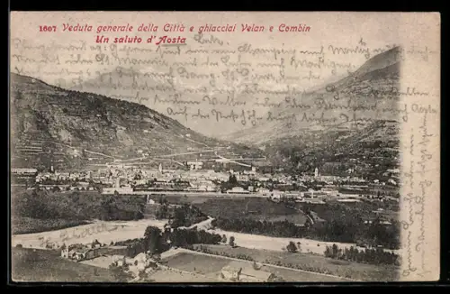 AK Aosta, Veduta generale della Città e ghiacciai Velan e Combin