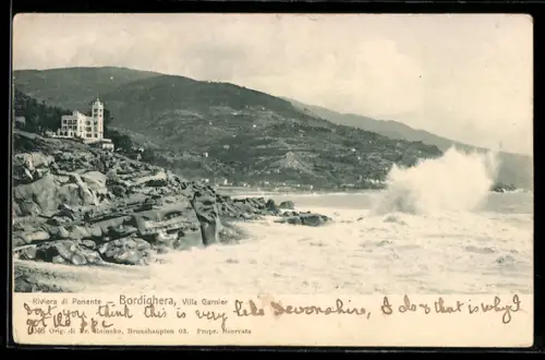 AK Bordighera, Villa Garnier sulla Riviera di Ponente con mare in tempesta
