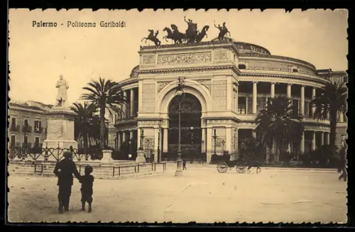 AK Palermo, Politeama Garibaldi con statua e carrozze