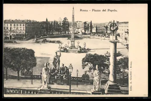 AK Roma, Piazza del Popolo con obelisco e statue monumentali