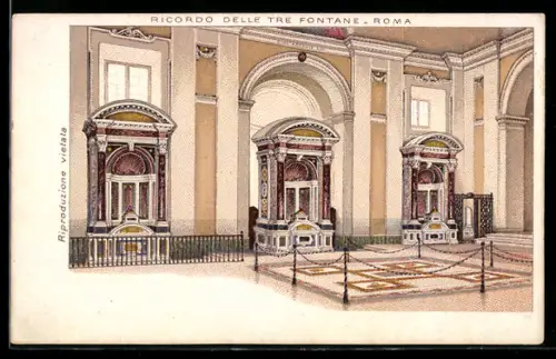 Lithographie Roma, Ricordo delle Tre Fontane, interni decorati con colonne e fontane eleganti