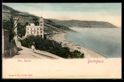 AK Bordighera, Vista della Villa Garnier e spiaggia sul mare