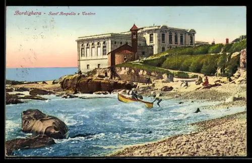 AK Bordighera, Sant`Ampelio e Casino, vista costiera con canoe e mare mosso