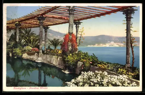 AK Bordighera, Giardino Winter con vista sul mare e paesaggio montano