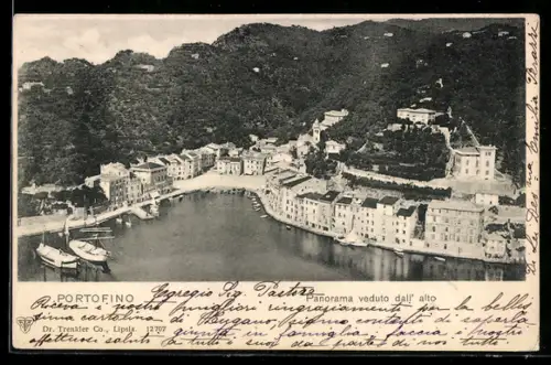 AK Portofino, Panorama veduto dall`alto con vista sul porto e le colline circostanti