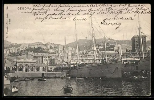 AK Genova, In partenza per l`America, grandi navi nel porto con colline sullo sfondo