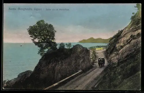 AK Santa Margherita Ligure, Sulla via di Portofino con vista mare e carrozza