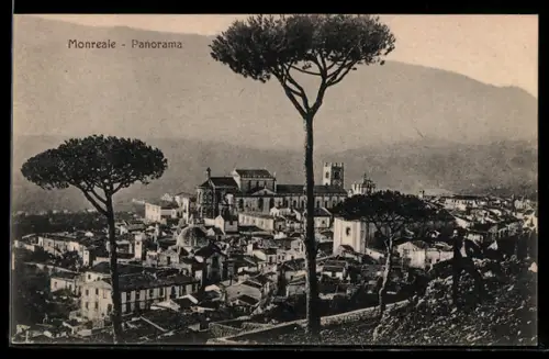 AK Monreale, Panorama della città con cattedrale e pini in primo piano