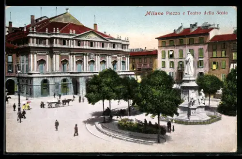 AK Milano, Piazza e Teatro della Scala con monumento e alberi