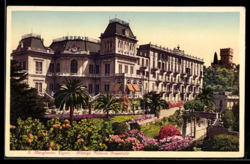 AK S. Margherita Ligure, Albergo Palazzo Imperiale con giardini in fiore e torre sullo sfondo
