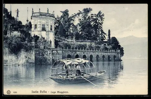 AK Isola Bella /Lago Maggiore, veduta del palazzo e barca sul lago
