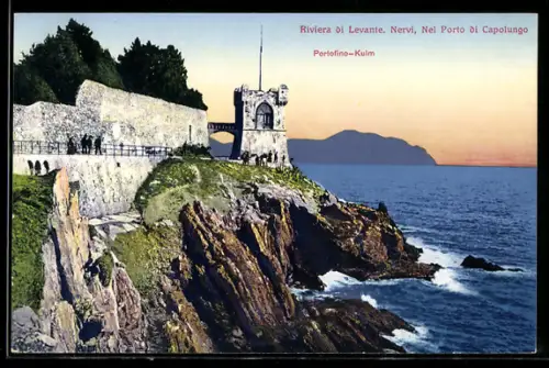 AK Nervi, Nel Porto di Capolungo, vista sulla torre e sulla costa rocciosa al tramonto