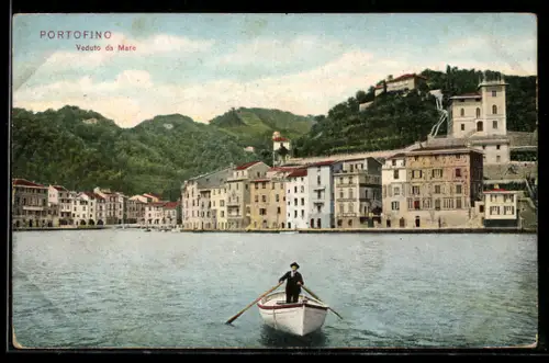 AK Portofino, Veduto da Mare, barca a remi in primo piano e case lungo la costa