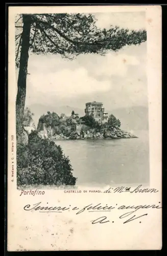 AK Portofino, Castello di Paraggi visto tra pini e mare