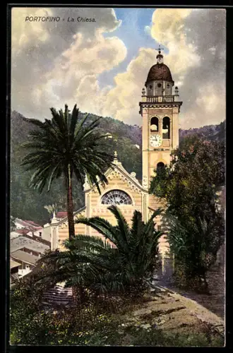 AK Portofino, La Chiesa con palme e campanile sotto un cielo nuvoloso