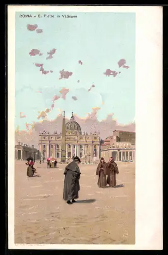 Lithographie Città del Vaticano, S. Pietro, vista della Basilica con persone in abito tradizionale sul piazzale