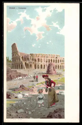 AK Roma, Colosseo con persone in abiti d`epoca e bambino con cerchio di gioco