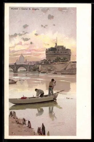 AK Roma, Castel S. Angelo con barca sul Tevere al tramonto
