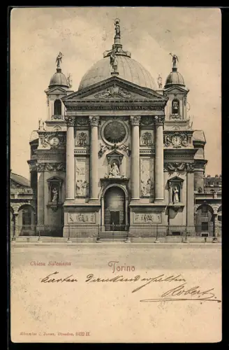 AK Torino, Chiesa Salesiana maestosa con facciata ornata di statue e cupola imponente