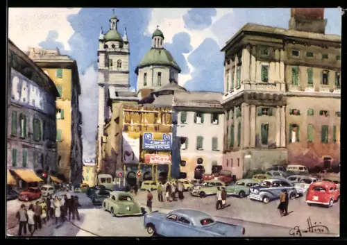 AK Genova, Piazza Matteotti e Via S. Lorenzo con traffico e pedoni