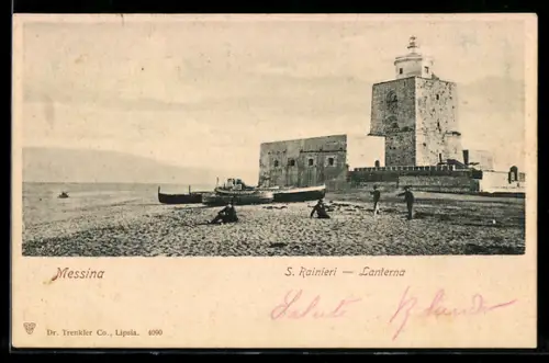 AK Messina, S. Raineri, Lanterna, vista del faro e della spiaggia con barche e persone