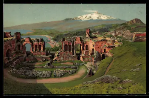 Künstler-AK Taormina, Teatro Greco con vista sull`Etna innevato