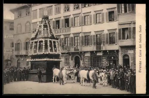 AK Firenze, Carro del Sabato Santo davanti a edifici storici con folla e buoi