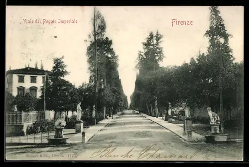AK Firenze, Viale del Poggio Imperiale con statue e alberi ai lati