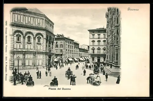 AK Firenze, Piazza del Duomo con folla e carrozze