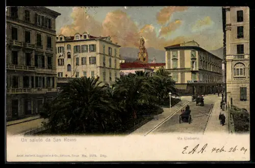AK San Remo, Via Umberto con carrozze e palme