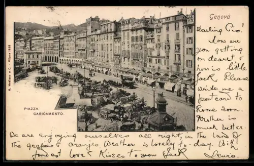 AK Genova, Piazza Caricamento con carrozze e edifici storici