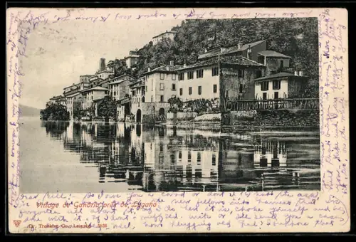 AK Gandria /Lugano, Villaggio sul lago con riflessi nell`acqua