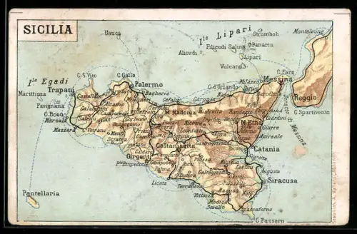 AK Palermo /Sicilia, Mappa dettagliata dell`isola con principali città e rilievi geografici