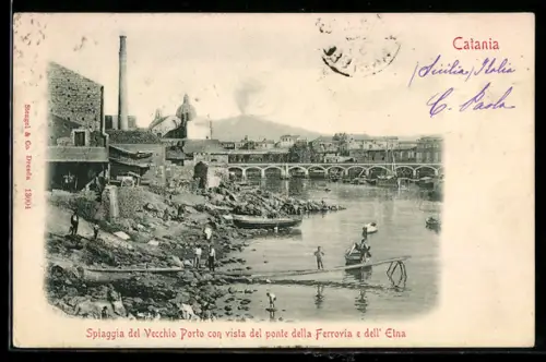 AK Catania, Spiaggia del Vecchio Porto con vista del ponte della Ferrovia e dell`Etna