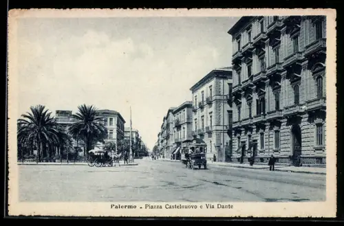 AK Palermo, Piazza Castelnuovo e Via Dante con tram e palme