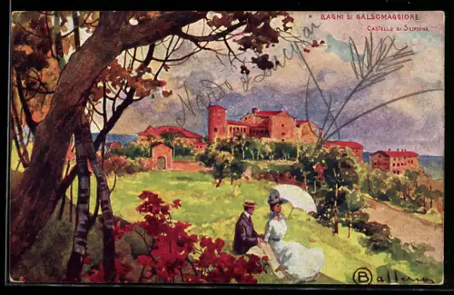 Künstler-AK Salsomaggiore, Castello di Scipione con coppia nel giardino fiorito