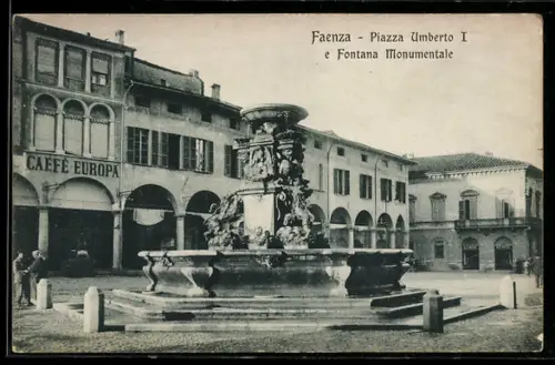 AK Faenza, Piazza Umberto I e Fontana Monumentale, Café Europa