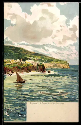 Lithographie Vico Equense /Sorrento, Veduta costiera con barca a vela e paesaggio collinare
