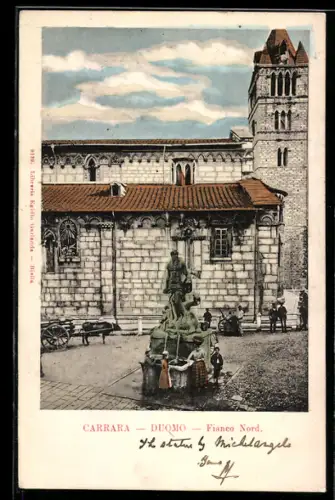 AK Carrara, Duomo, Fianco Nord, vista della statua di Michelangelo