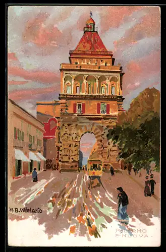 AK Palermo, Porta Nuova con tram e passanti