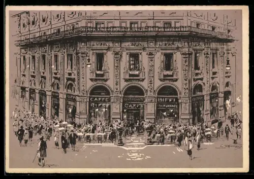 AK Milano, Caffè Ristorante Biffi nella Galleria Vittorio Emanuele II affollata di persone