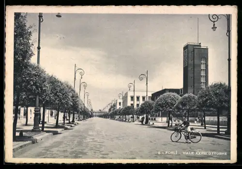 AK Forlì, Viale XXVIII Ottobre con ciclista e lampioni decorativi