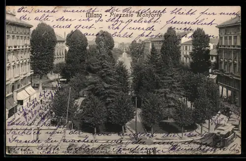 AK Milano, Piazzale Monforte con viale alberato e palazzi circostanti