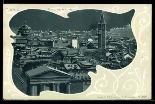 Lithographie Milano, Panorama da Milano con vista notturna della città