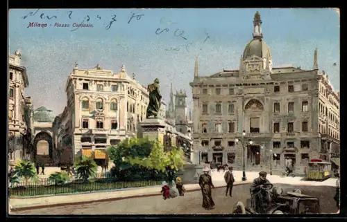 AK Milano, Piazza Cordusio con tram e auto d`epoca